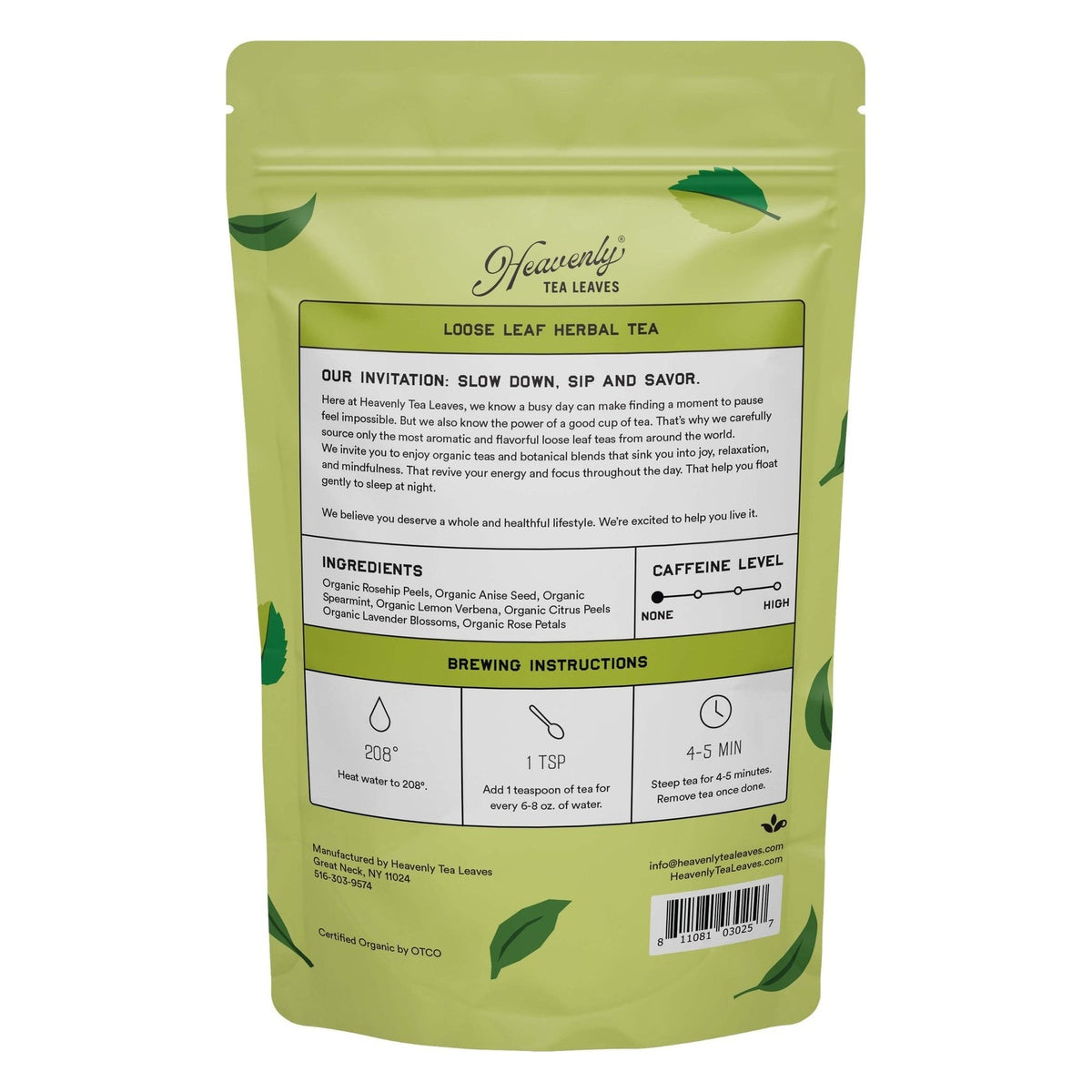 Back of the Heavenly Tea Leaves Organic Herbal Cleanse Tea, Loose Leaf package, with ingredients and brewing instructions