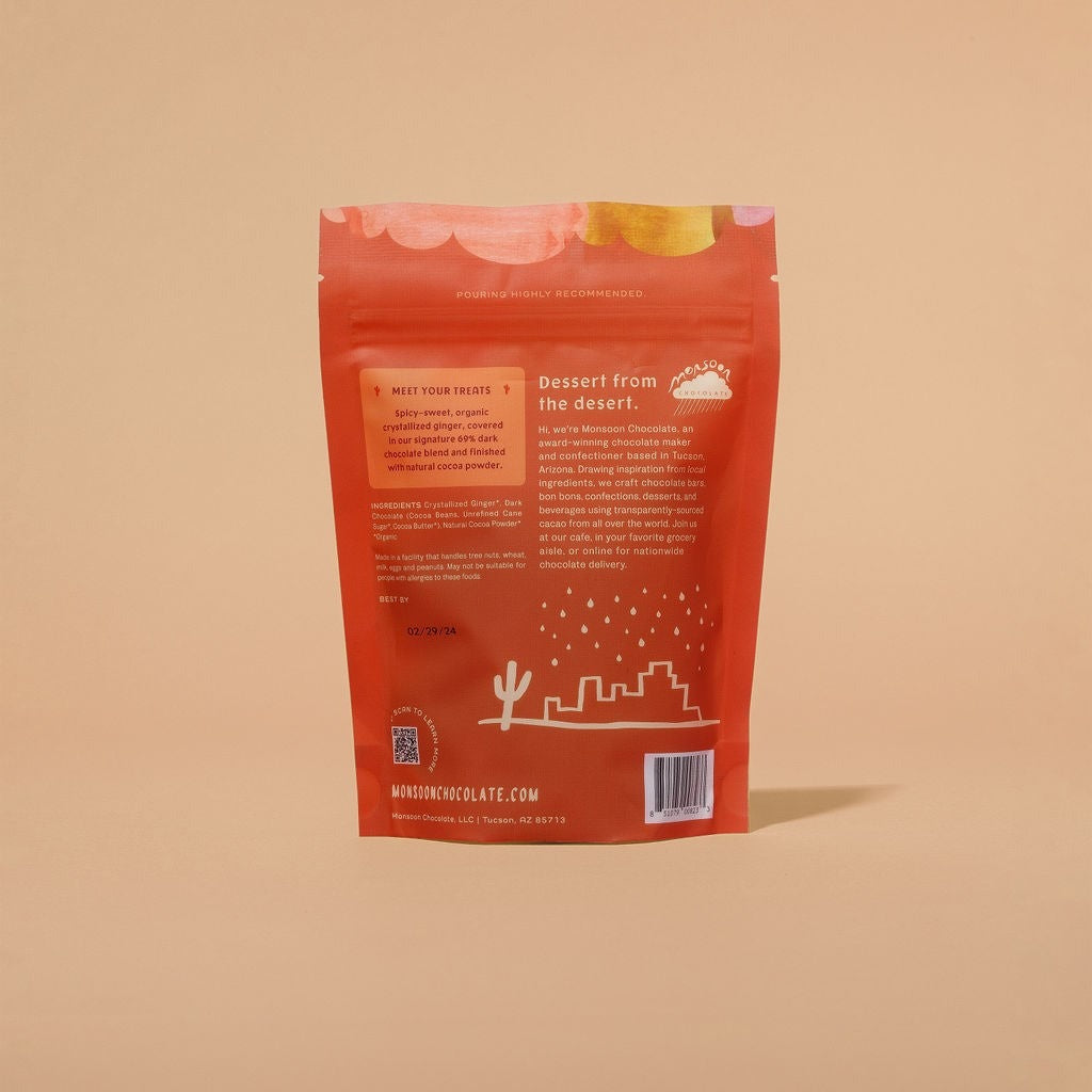 Back of the Monsoon Chocolate Dark Chocolate Covered Ginger package, with ingredients and brewing instructions