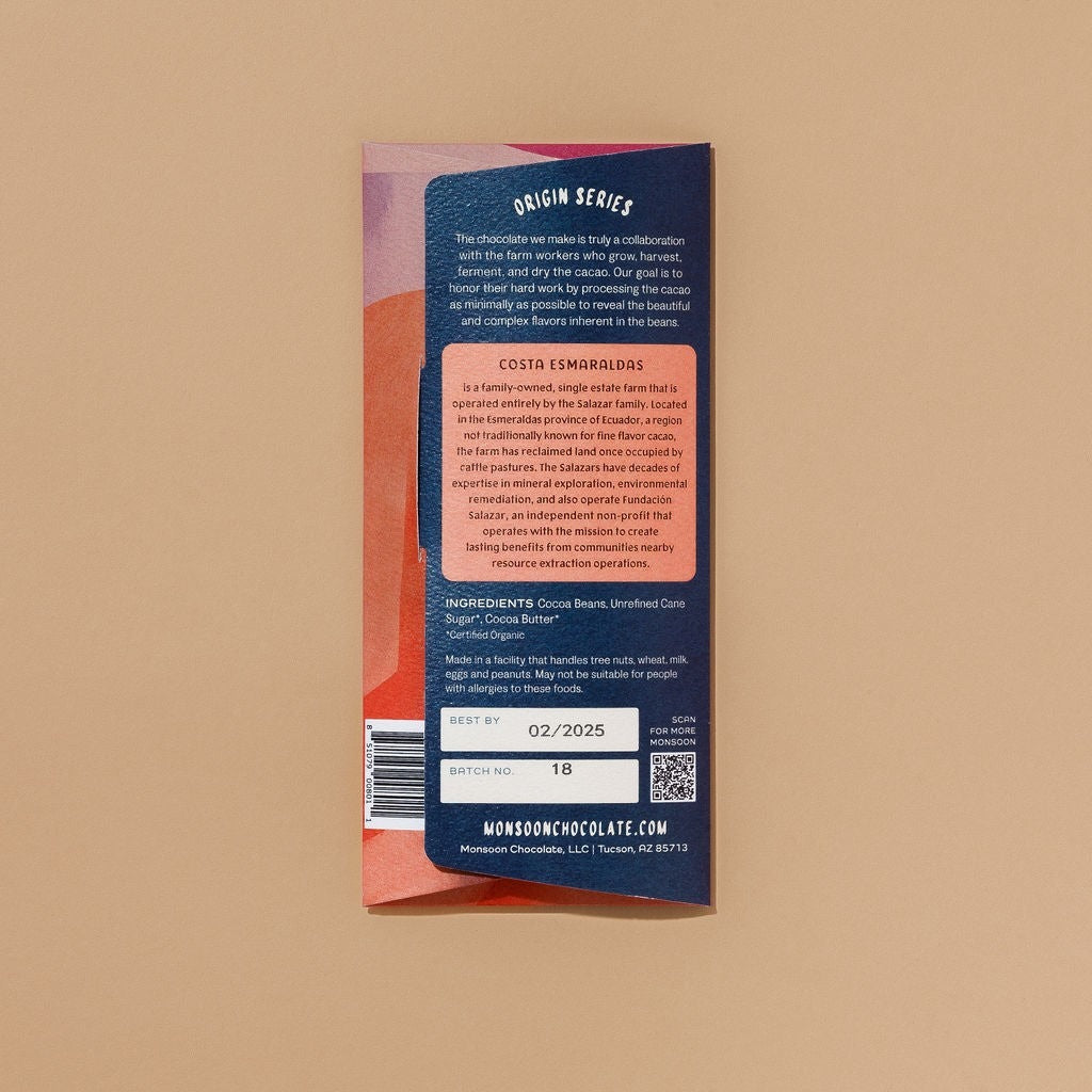 Back of the Monsoon Chocolate Esmeraldas Ecuador 75% Dark Chocolate Bar package, with ingredients and brewing instructions