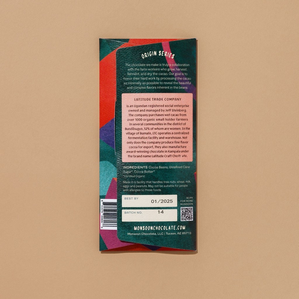 Back of the Monsoon Chocolate Semuliki Forest Uganda 74% Dark Chocolate Bar package, with ingredients and brewing instructions