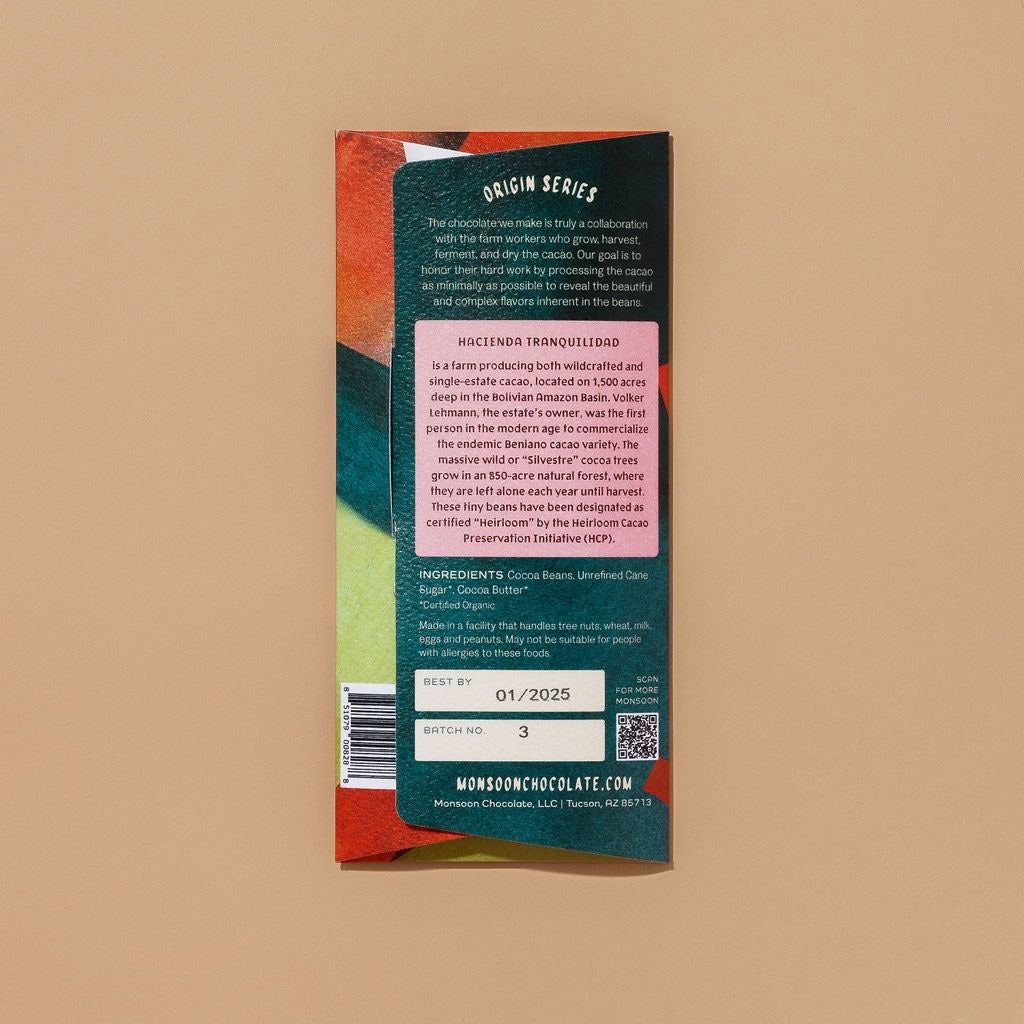 Back of the Monsoon Chocolate Tranquilidad Bolivia 73% Dark Chocolate Bar package, with ingredients and brewing instructions