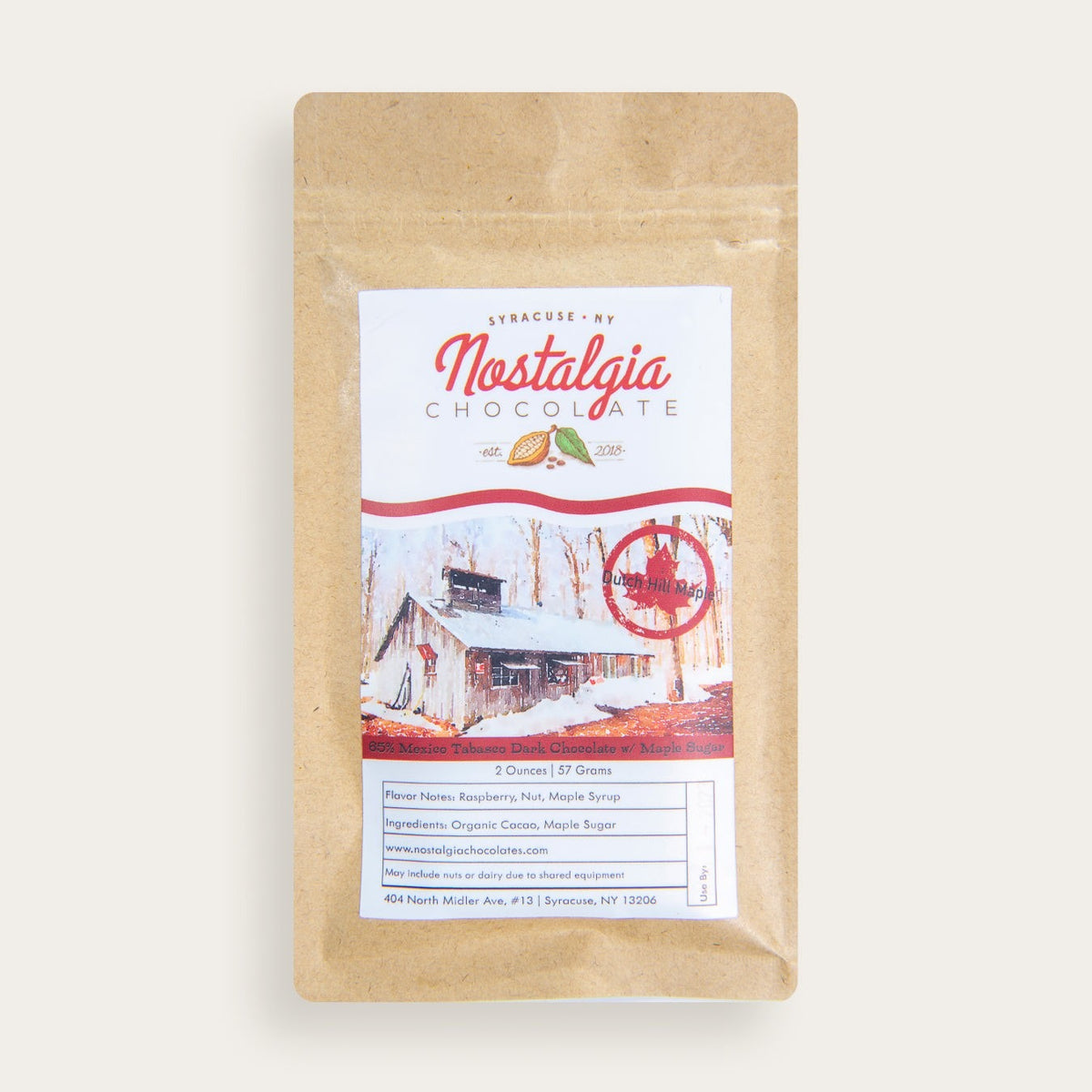 Nostalgia Chocolates Mexico Tabasco Comalcalco Maple Sugar 65% Chocolate Bar, front of the package
