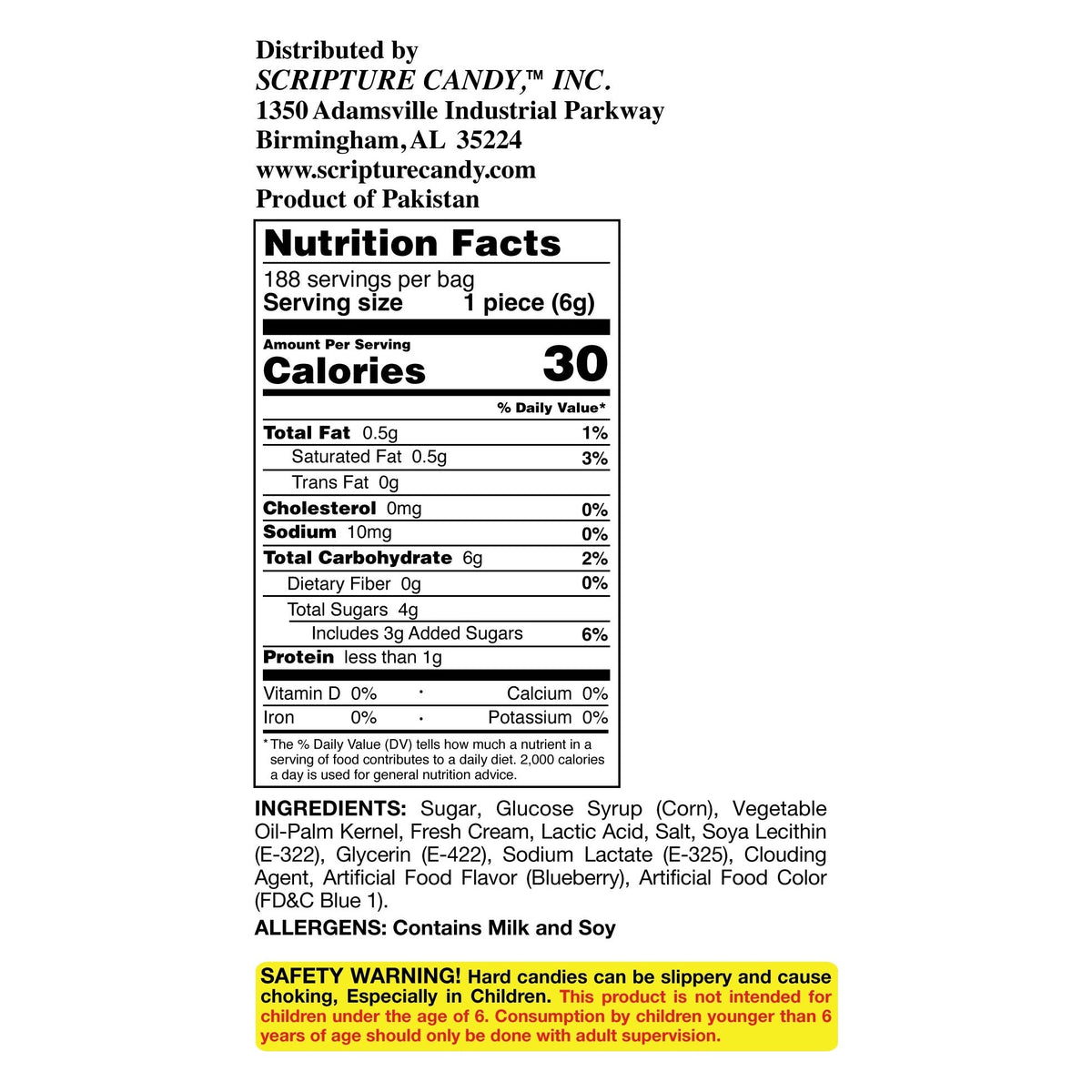 Nutrition facts and ingredient panel for Scripture Candy Blueberries & Cream Hard Candy