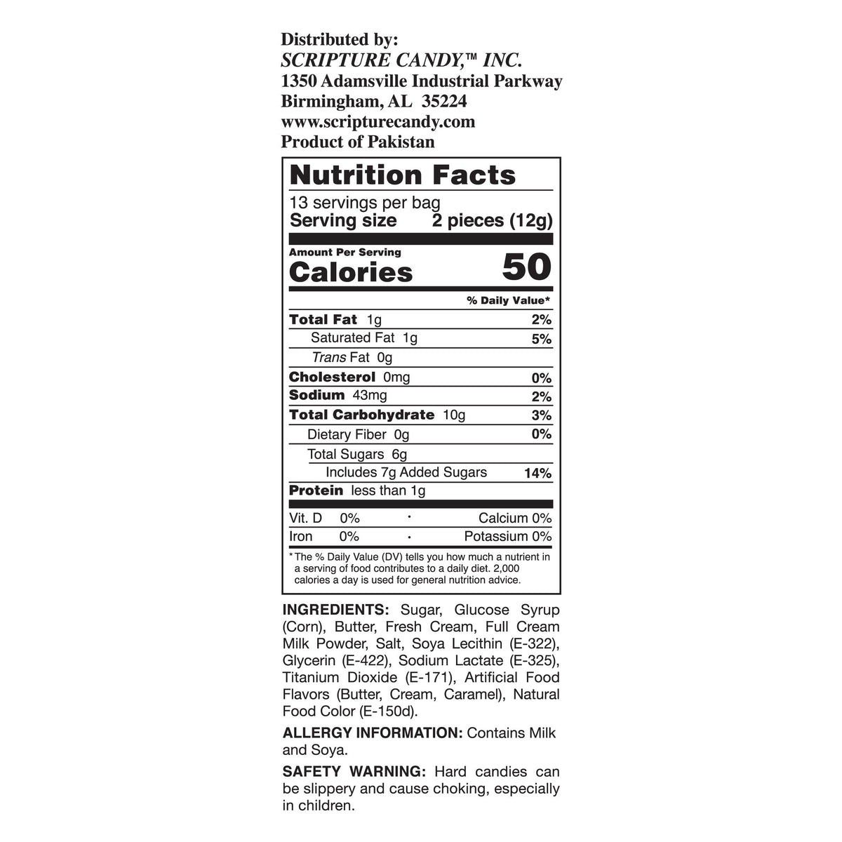 Nutrition facts and ingredient panel for Scripture Candy Butter & Cream Hard Candy