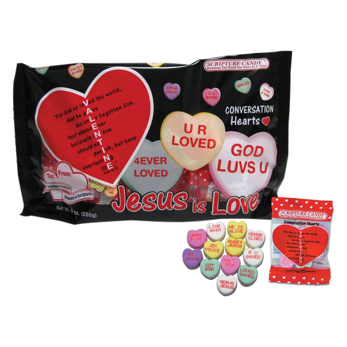 Scripture Candy Conversation Hearts with Inspirational Messages, front of the package