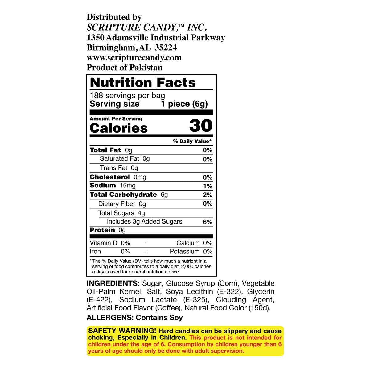 Nutrition facts and ingredient panel for Scripture Candy Cappuccino Hard Candy