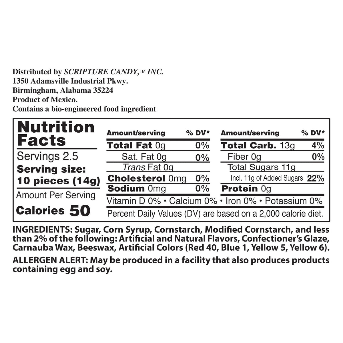 Nutrition facts and ingredient panel for Scripture Candy Easter Sampler