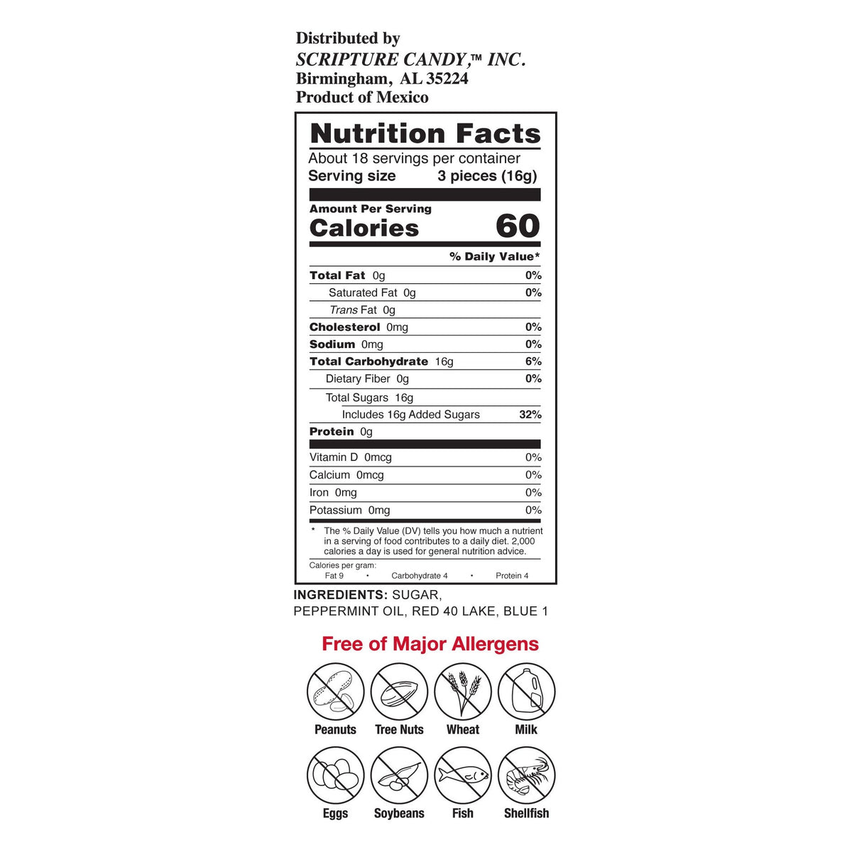 Nutrition facts and ingredient panel for Scripture Candy God & Country Red, White & Blue Soft Mints