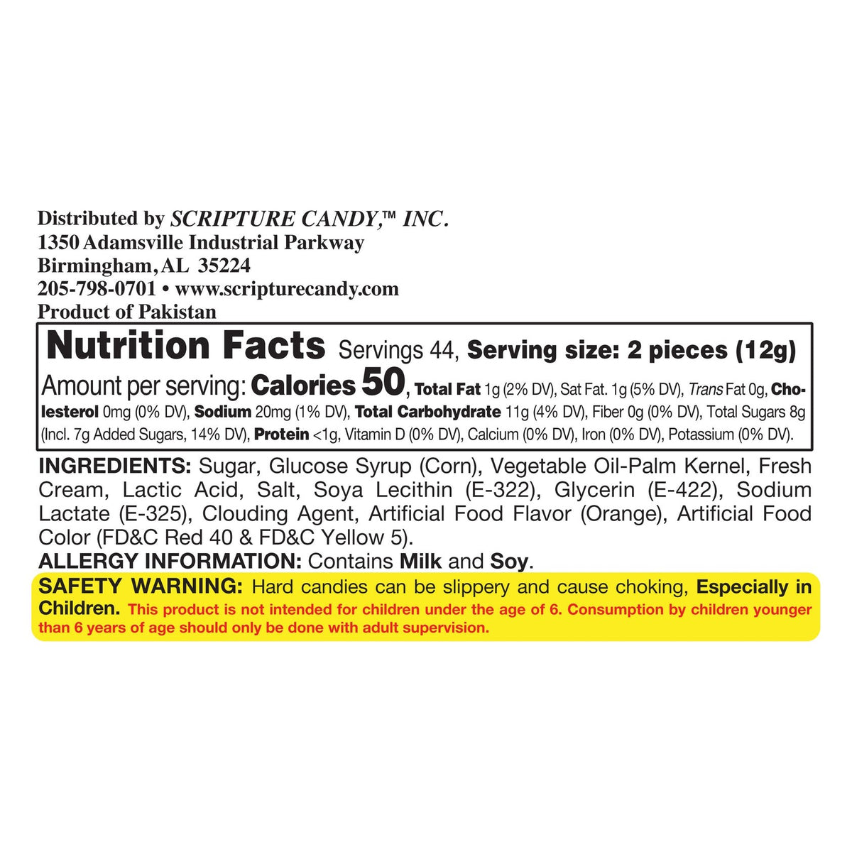 Nutrition facts and ingredient panel for Scripture Candy Orange & Cream Hard Candy Roll
