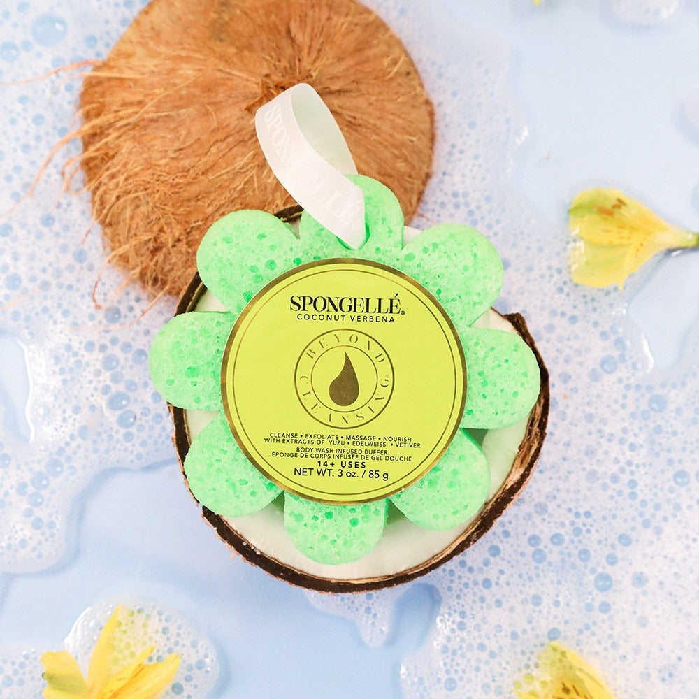 Spongellé Coconut Verbena Wild Flower Bath Sponge styled on a table