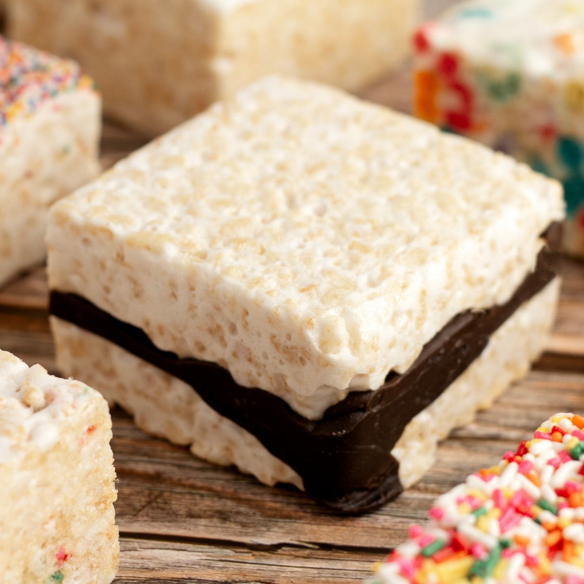 The Crispery Chocolate Caramel Crispycake, Marshmallow Crispy Rice Treat styled on a table