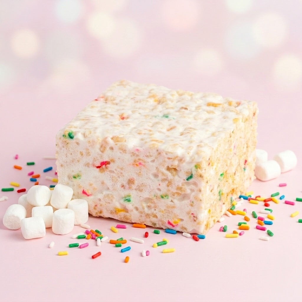 The Crispery Confetti Crispycake, Marshmallow Crispy Rice Treat styled on a table
