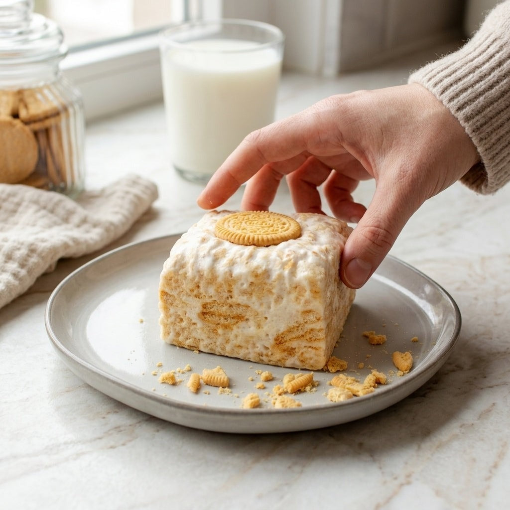The Crispery Vanilla Cookies & Cream Crispycake, Marshmallow Crispy Rice Treat styled on a table