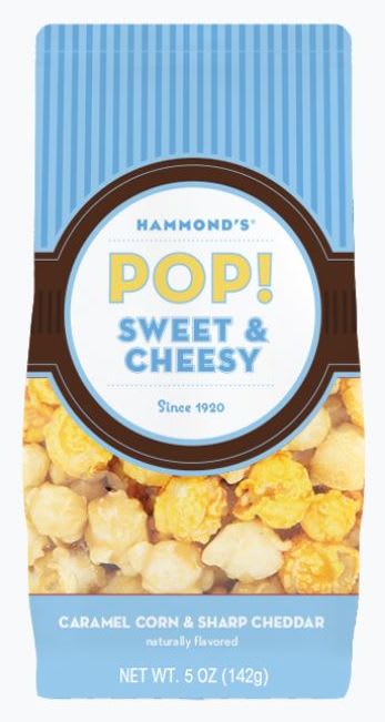 Hammond's Candies gourmet popcorn bags, churro and sriracha cheddar