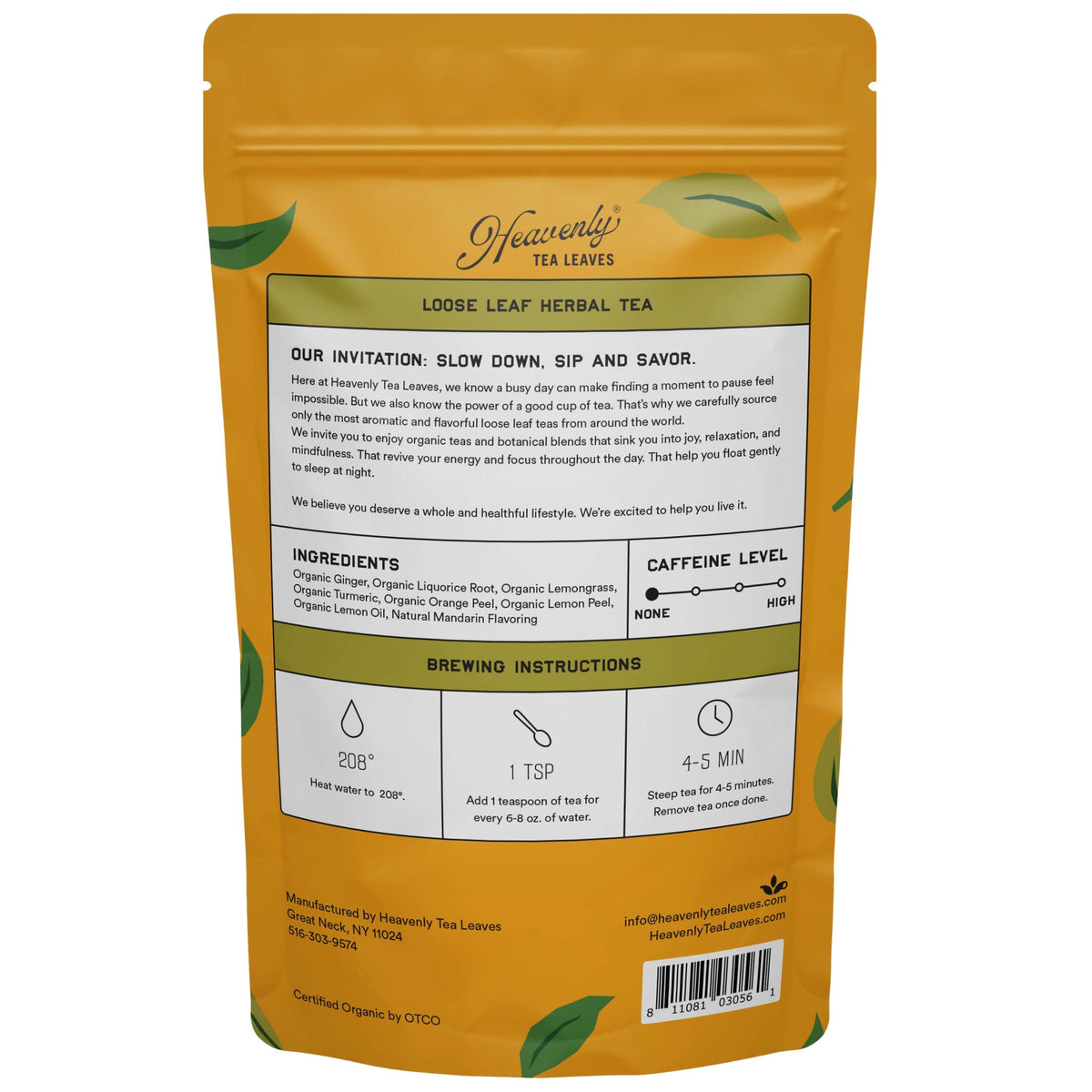 Heavenly Tea Leaves Organic Turmeric Ginger, Bulk Loose Leaf Herbal Tea, 1 lb. HLH502-16
