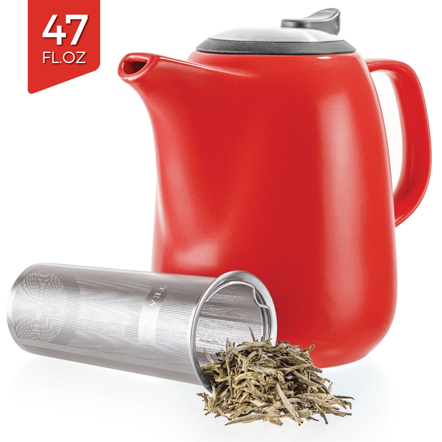 Tetera grande de cerámica Tealyra Daze - 47 onzas (6-7 tazas) - Con tapa e infusor de acero inoxidable - 1400 ml