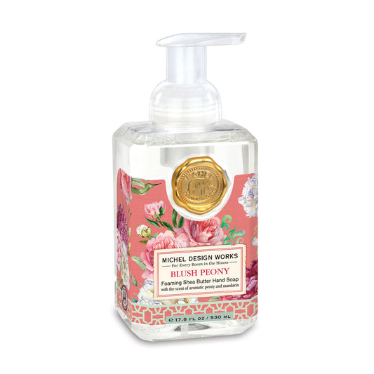 Michel Design Works Blush Peony foaming hand soap in a 17.8 oz decorated dispenser