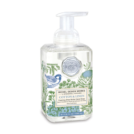 Michel Design Works Cotton & Linen foaming hand soap in a 17.8 oz decorated dispenser