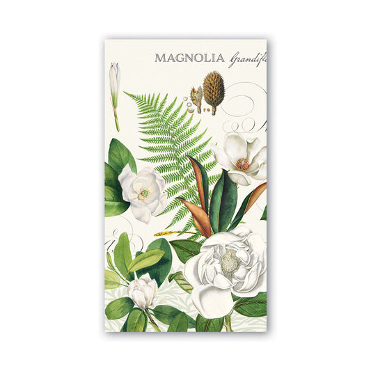 Michel Design Works Magnolia Petals hostess napkins, magnolia blossoms on green foliage