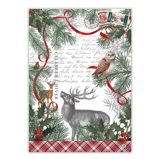Michel Design Works Winter Woodland cotton kitchen towel with woodland animals and evergreens
