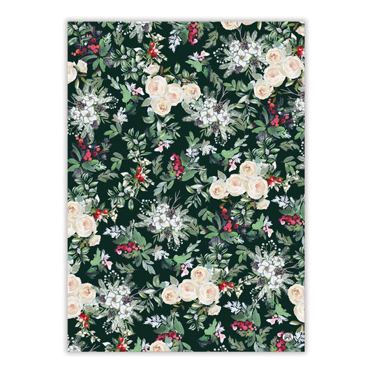 Michel Design Works Winter Garden cotton kitchen towel with winter florals and holly