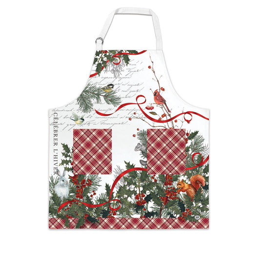 Michel Design Works Winter Woodland cotton chef apron with woodland animals and evergreens
