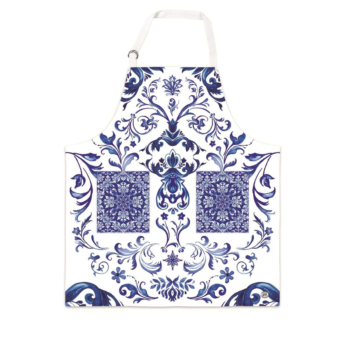 Michel Design Works Indigo Seas cotton chef apron with blue and white Talavera tile design