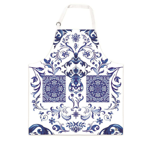 Michel Design Works Indigo Seas cotton chef apron with blue and white Talavera tile design