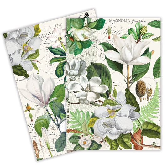 Michel Design Works Magnolia Petals cotton kitchen towels, set of two, magnolia on green