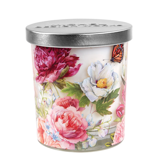 Michel Design Works Blush Peony scented jar candle with floral artwork printed on the glass