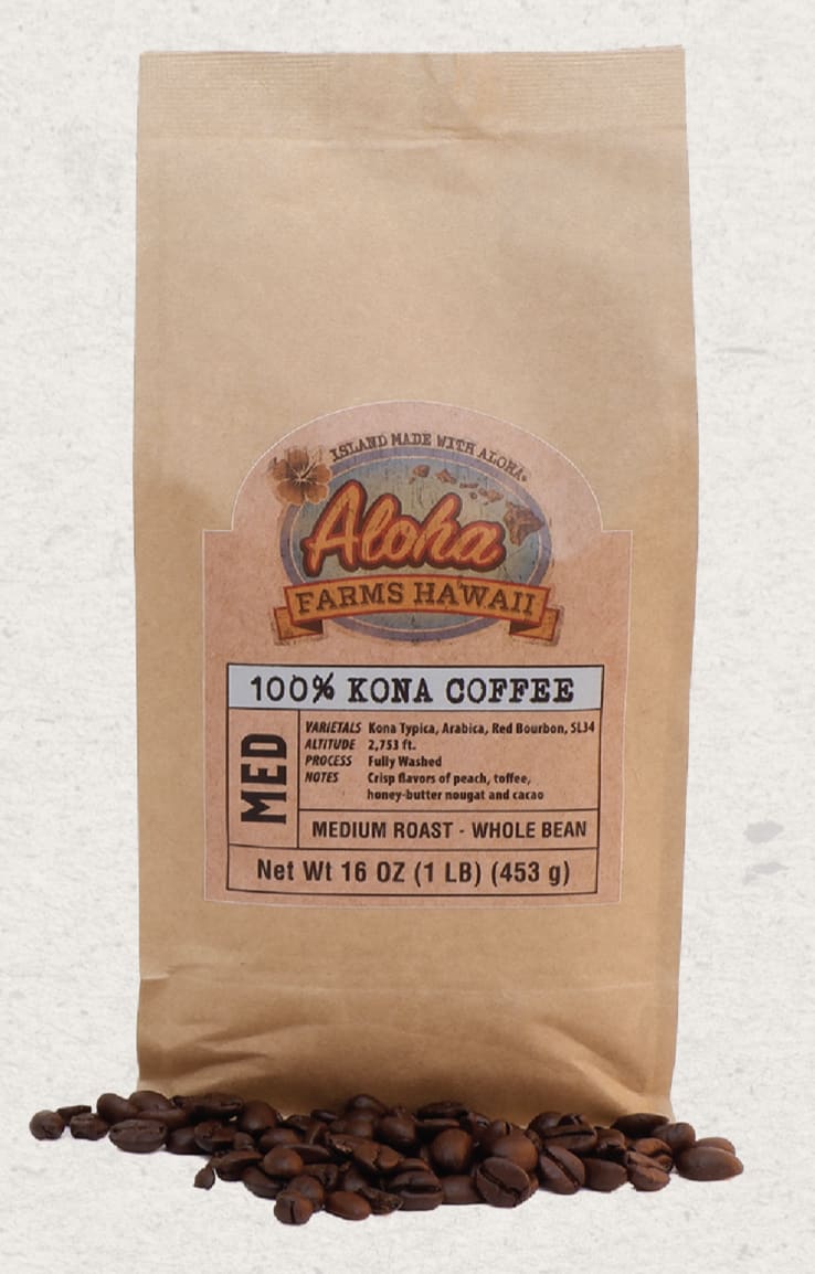 Aloha Farms Hawaii KONA Coffees - 16 oz, 100% - Medium Roasted - Whole Bean