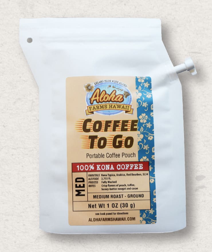 Aloha Farms Hawaii KONA Coffees - 1 oz Ready To Go Coffee Pouch, 100% - Medium Roasted