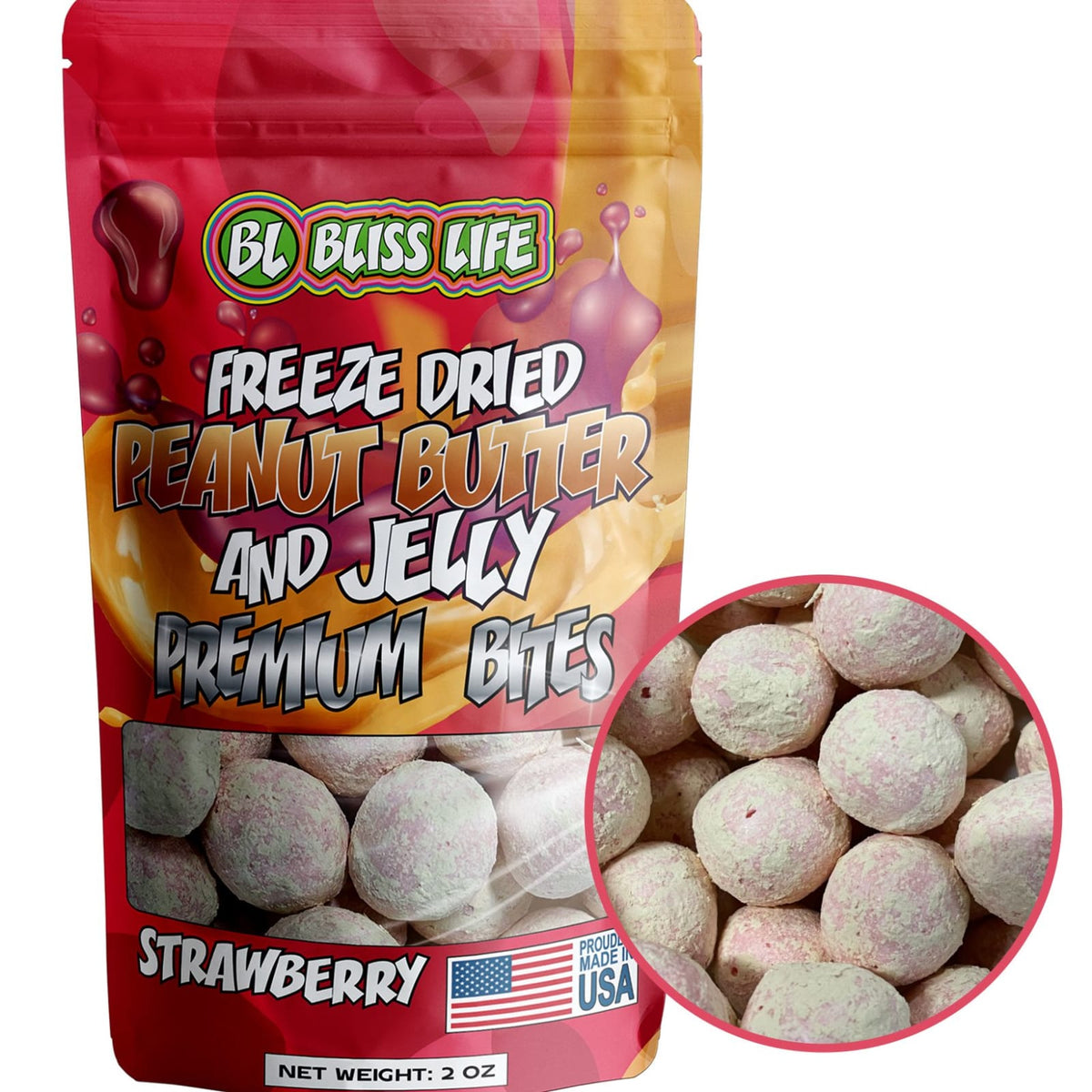 Bliss Life PB&J Premium Bites - Premium Freeze Dried PB&J Candy - PB& Strawberry