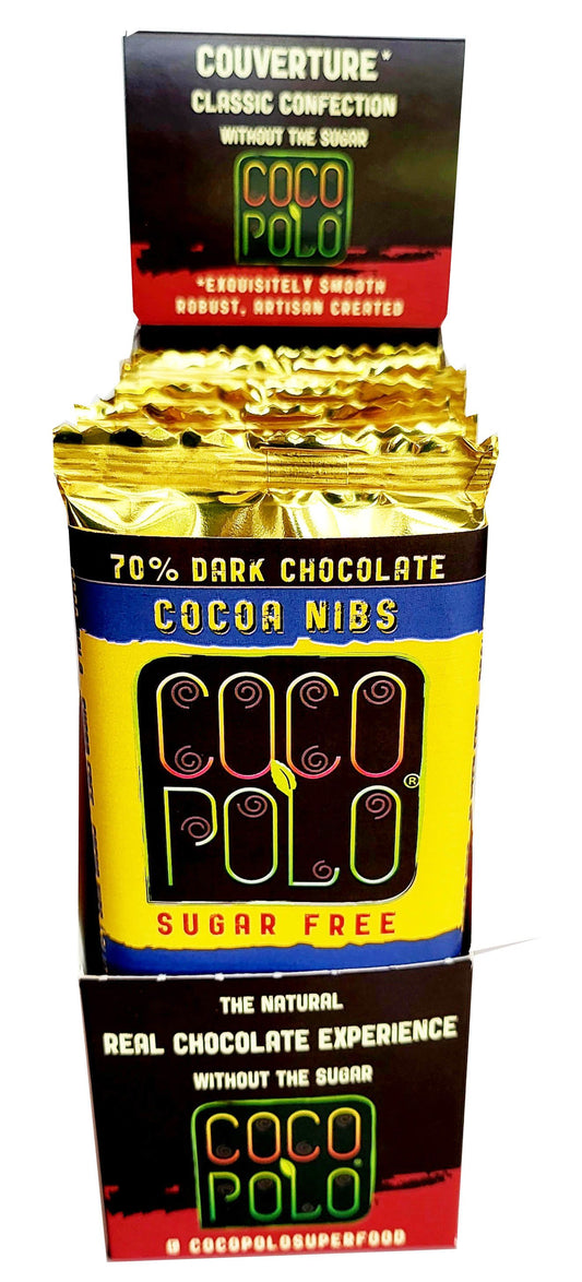 Coco Polo 70% Cocoa Dark Chocolate, Stevia Sweetened, Sugar Free, COCOA NIBS - 1