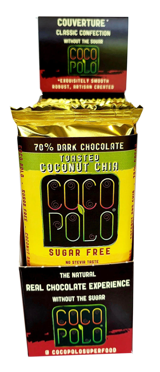 Coco Polo 70% Cocoa Dark Chocolate, Stevia Sweetened, Sugar Free, TOASTED COCONU
