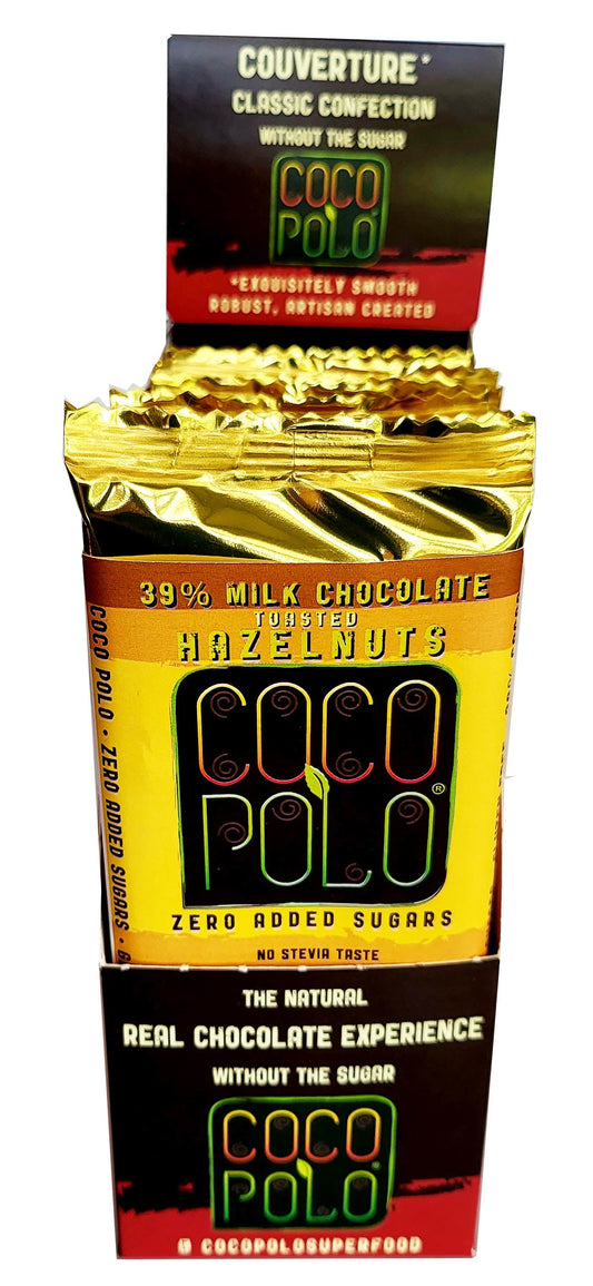 Coco Polo 39% Cocoa Milk Chocolate, Stevia Sweetened, No Sugar Added, HAZELNUT
