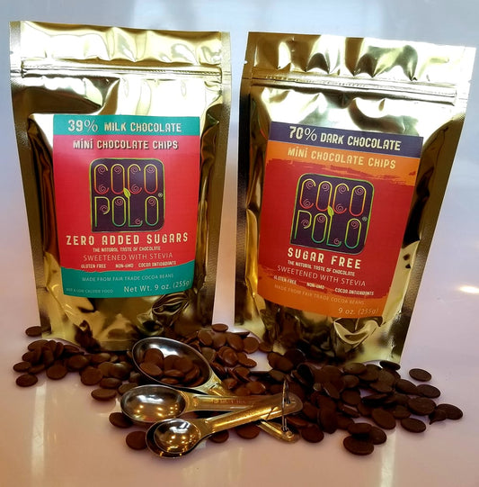 Coco Polo 9 oz. Gold Bags-39% Cocoa PURE COUVERTURE MILK- Stevia Sweetened- No S