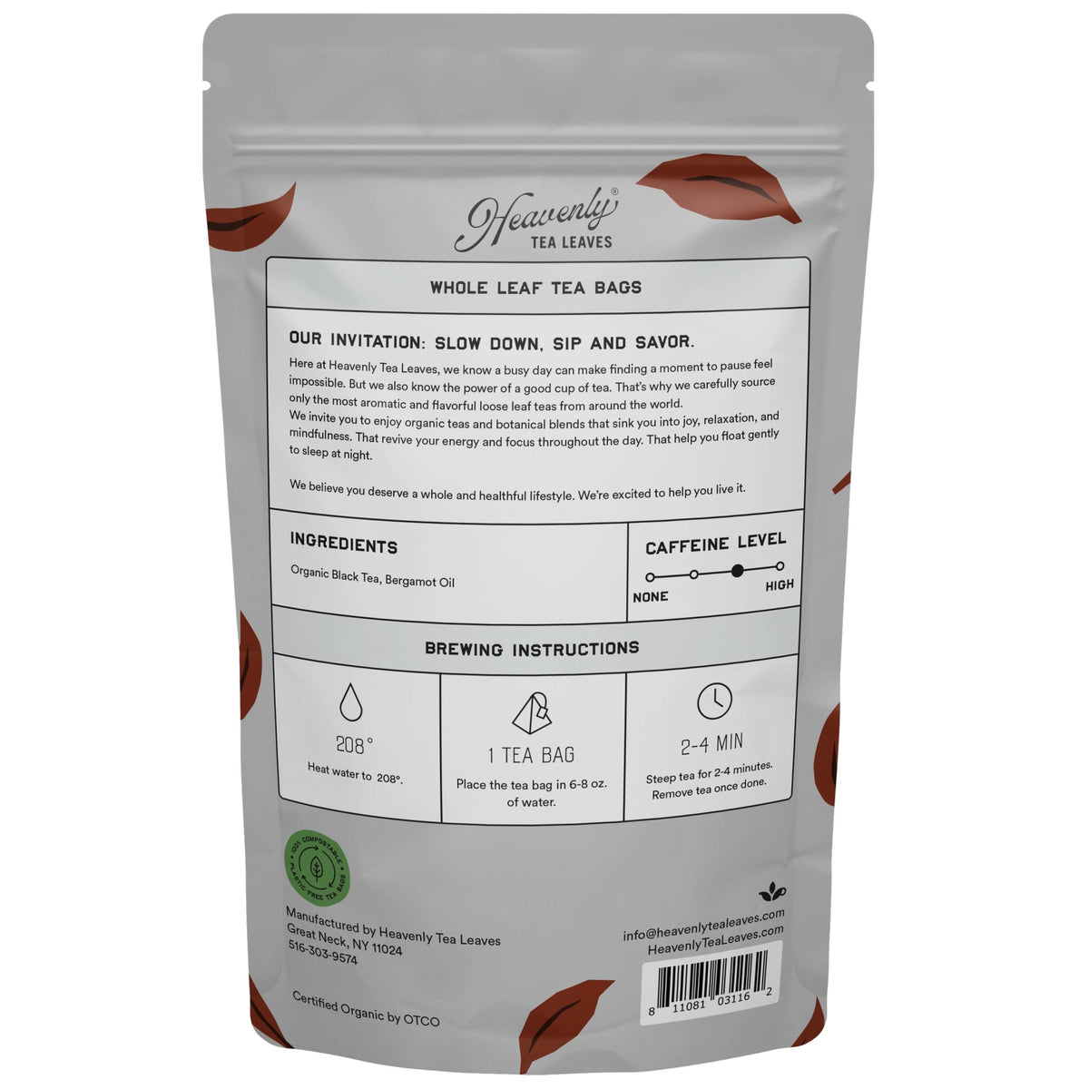 Heavenly Tea Leaves Organic Earl Grey, Bulk Compostable Pyramid Tea Bags, 50 Count HCB701-BS