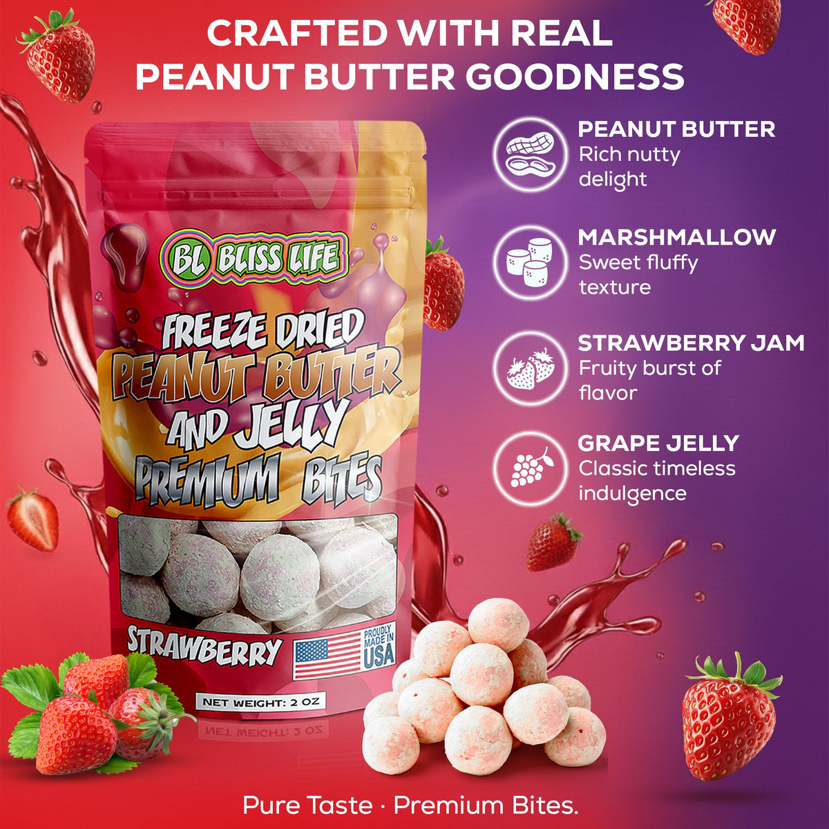 PB&J Premium Bites - Premium Freeze Dried PB&J Candy 30ctpbjstrawberry