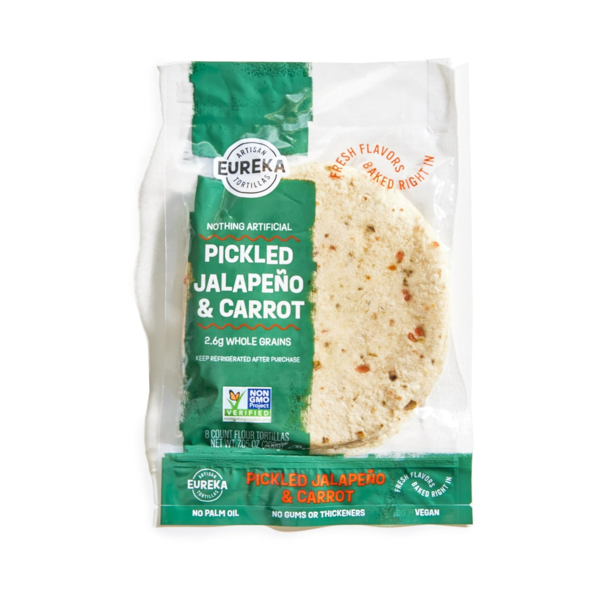 Eureka Tortilla Flour Tortillas (6 inch, 8 Count) - Pickled Jalapeno & Carrot