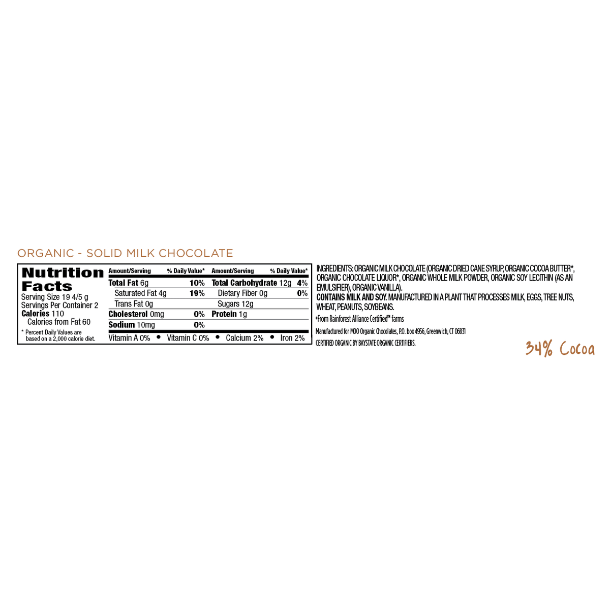 Organic Solid Milk Chocolate Large Bar, 1.4 oz 025