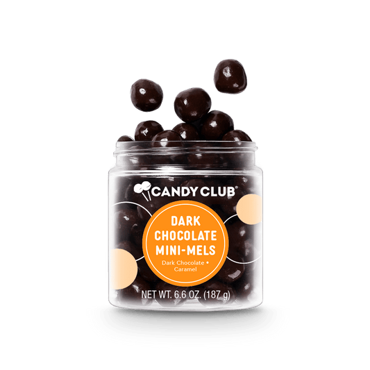 Candy Club Dark Chocolate Mini-Mels caramel chocolate candy in a 6.6 oz cup