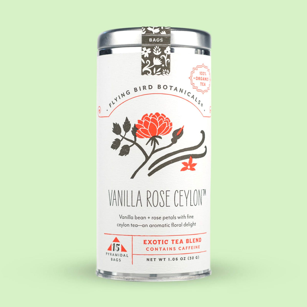 Flying Bird Botanicals Vanilla Rose Ceylon - 15 Tea Bag Tin
