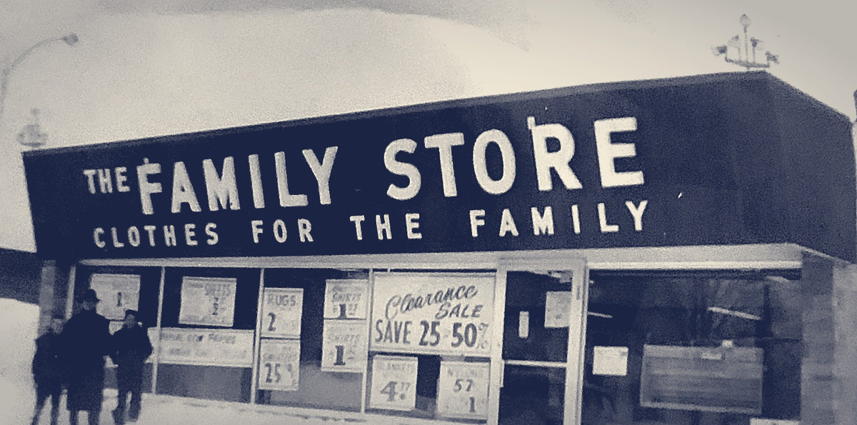 The original Family Store in Greenville, Rhode Island, its sign reading The Family Store — Clothes for the Family