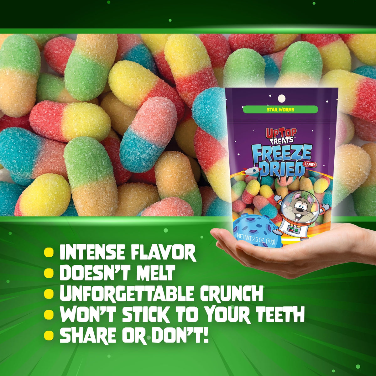 Star Worms - Freeze Dried Candy - Mini Sour Gummies UpTop_StarWorms_12