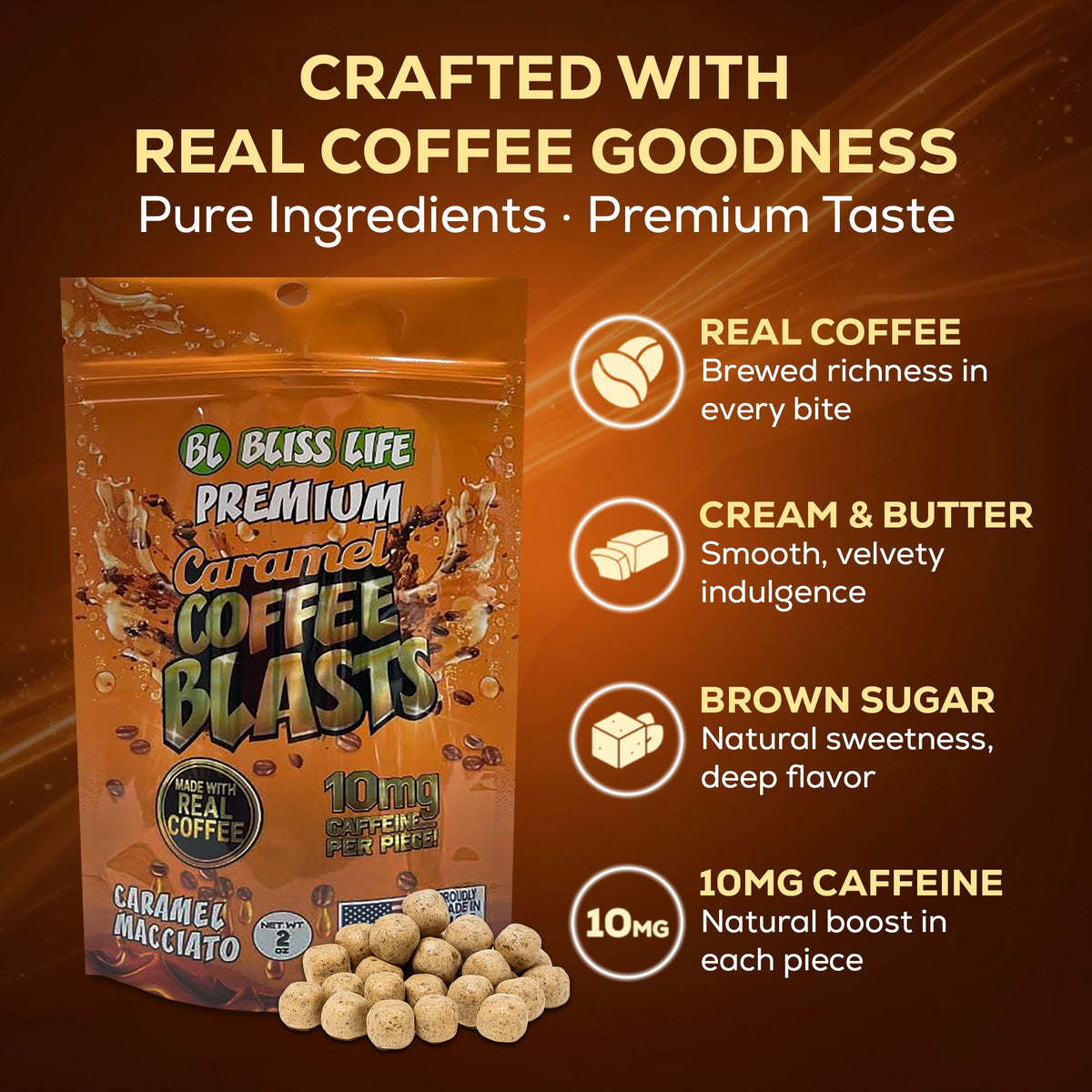 Caramel Coffee Blasts - Made with REAL Coffee - 10mg per piece 20ctchocolatte