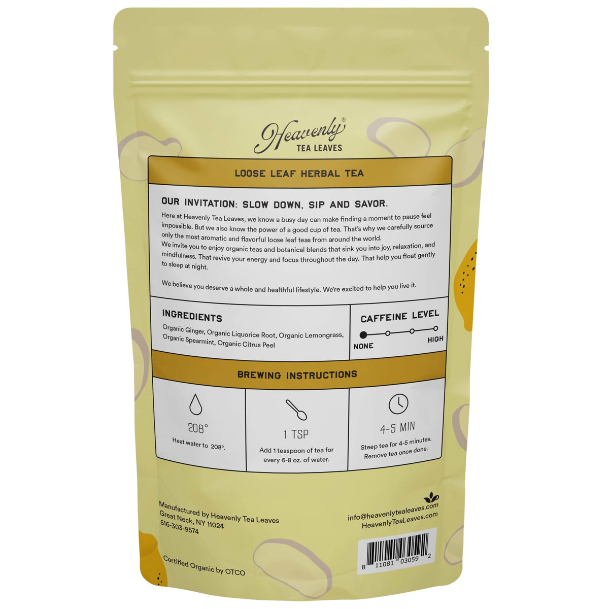 Heavenly Tea Leaves Organic Lemon Ginger, Bulk Loose Leaf Herbal Tea, 1 lb. HLH501-16