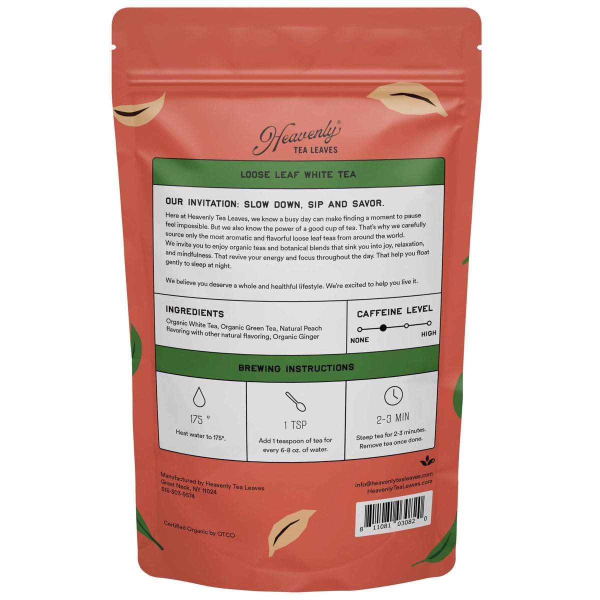 Heavenly Tea Leaves Organic White Peach, Bulk Loose Leaf White Tea, 1 Lb. HLW001-16