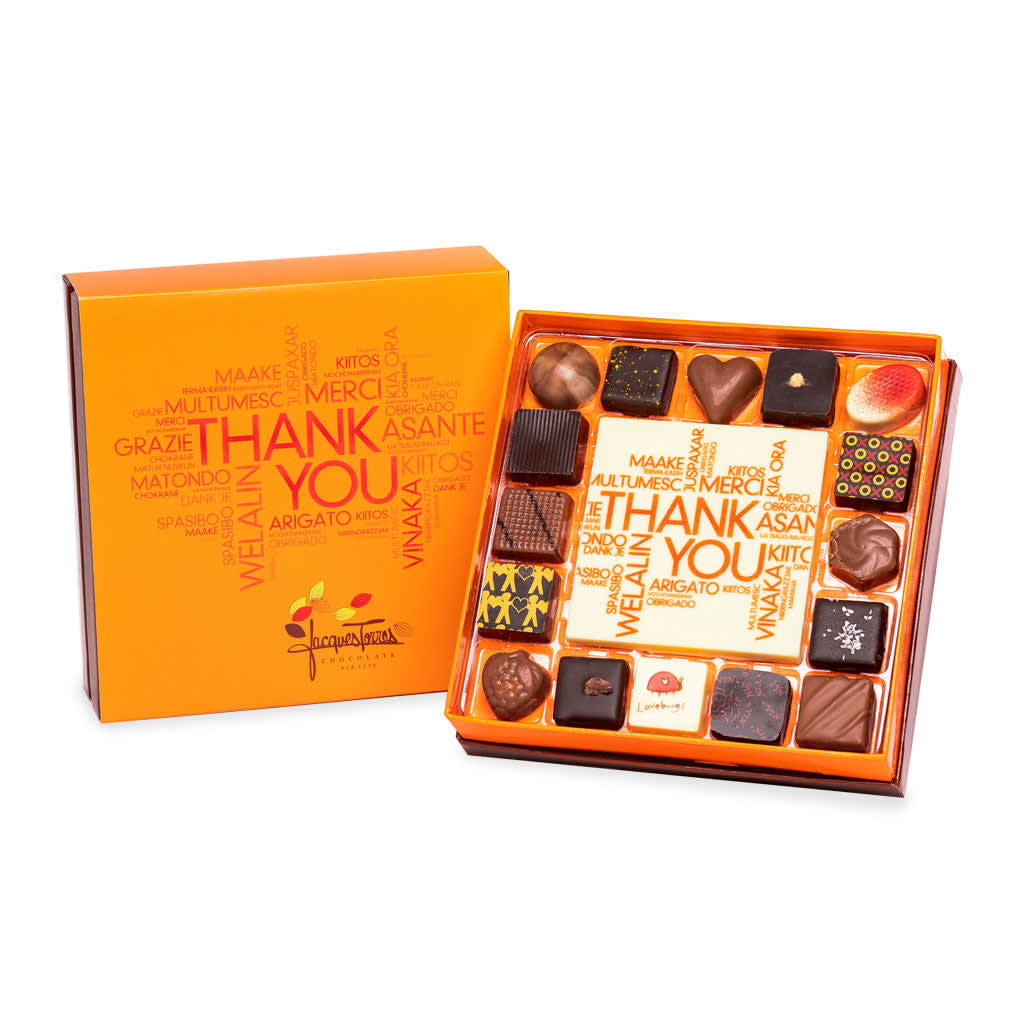 Jacques Torres Chocolate 16 Piece Boxed Assorted Bonbons with Edible Center Plaque - Thank You