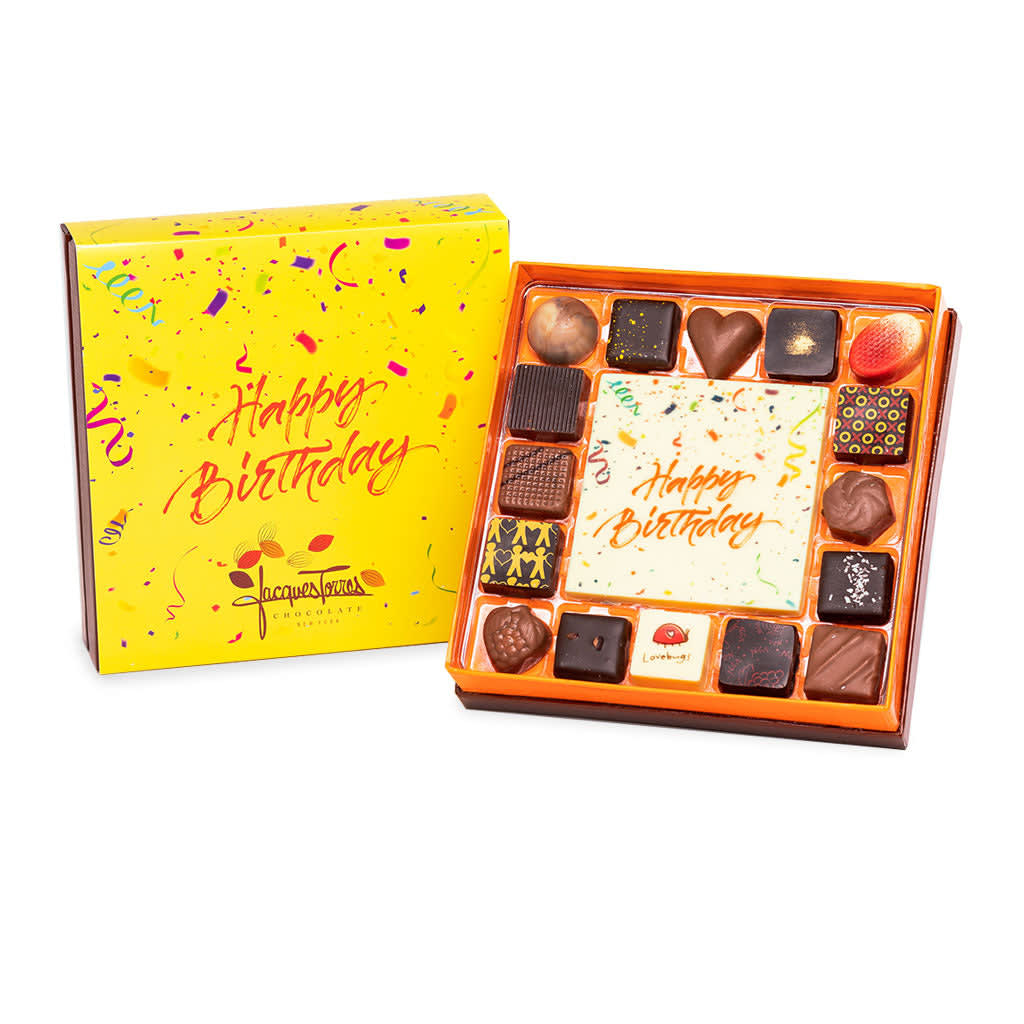 Jacques Torres Chocolate 16 Piece Boxed Assorted Bonbons with Edible Center Plaque - Happy Birt